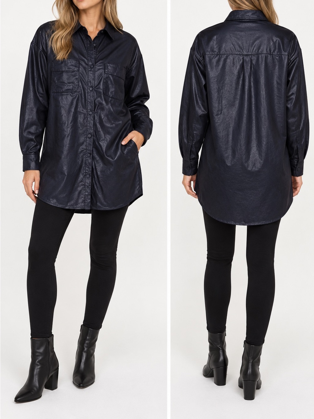Naked Wardrobe Drip Black Faux Leather Oversized Long Sleeve Shirt Shacket Large